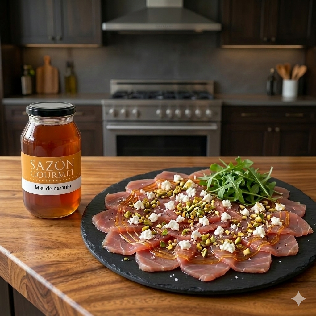Carpaccio de Atún con Queso de Cabra, Pistache y Miel de Naranjo Sazón Gourmet